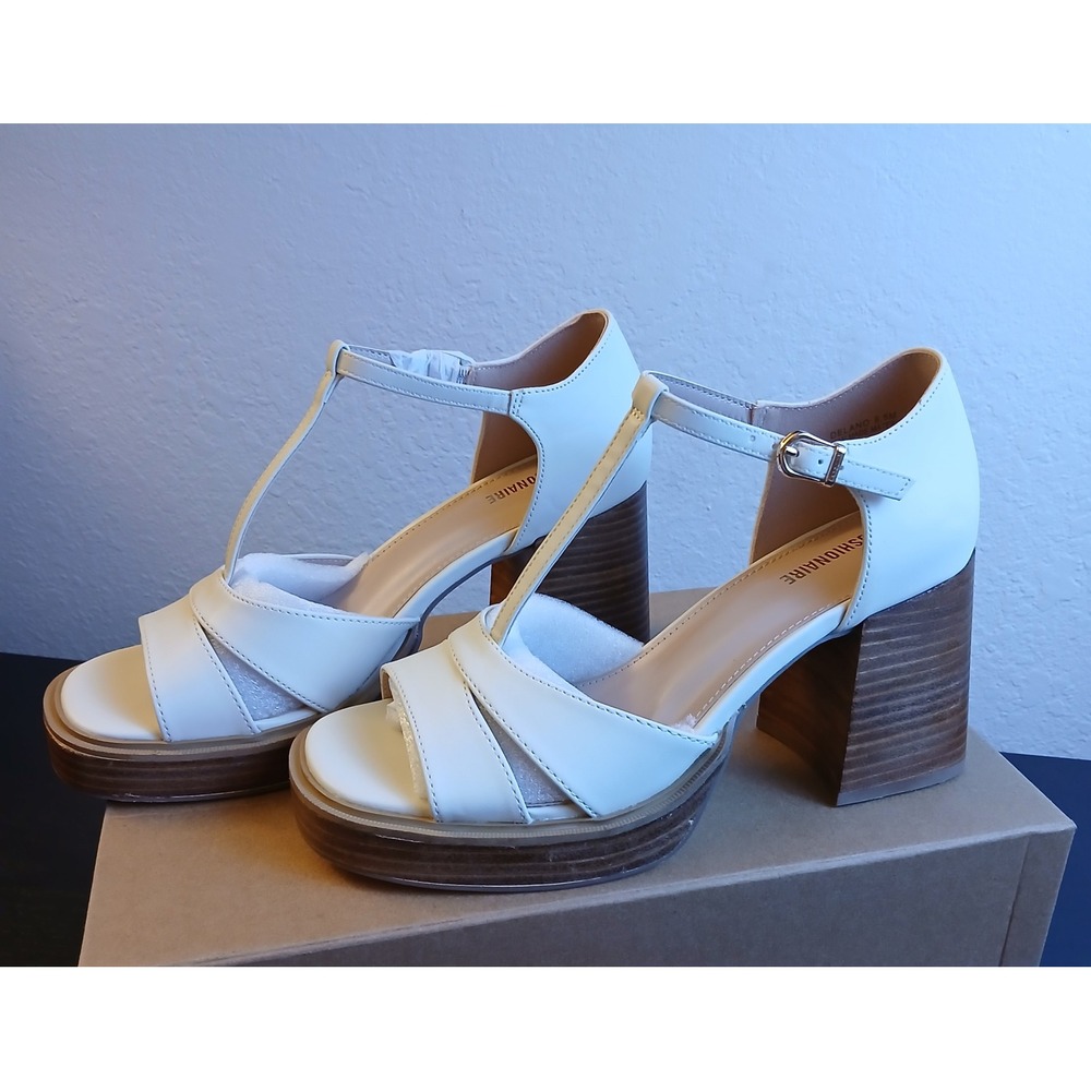 Cushionaire White T-Strap Platform Block Heel Sandals Square Toe Womens 8.5M